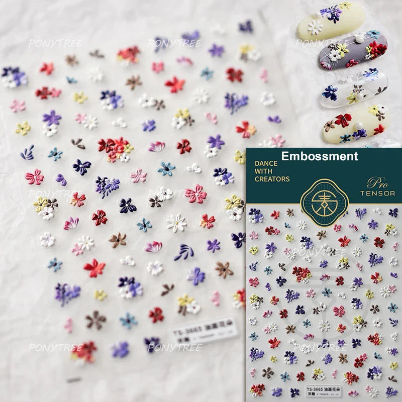 Chic Wild Flower Oil Painting Small Variegated Daisy Peach Blossom Lavender Petal Adhesive Nail Art Stickers Manicure Decals (Online Order Only)