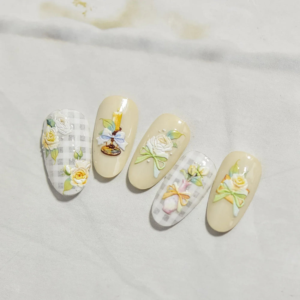 Oil Painting Style Rose Camellia Flower Vase Romantic Candle Holder Bowknot Embossed Adhesive Nail Art Stickers Manicure Decals (ONLINE ORDER ONLY)