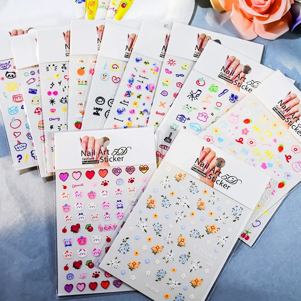 1 Sheet 5D Embossed Nail Art Stickers Graffiti Heart Flower Design Nail Art Decals Self-Adhesive DIY Manicure Nail Art Supplies* (ONLINE ORDER ONLY)