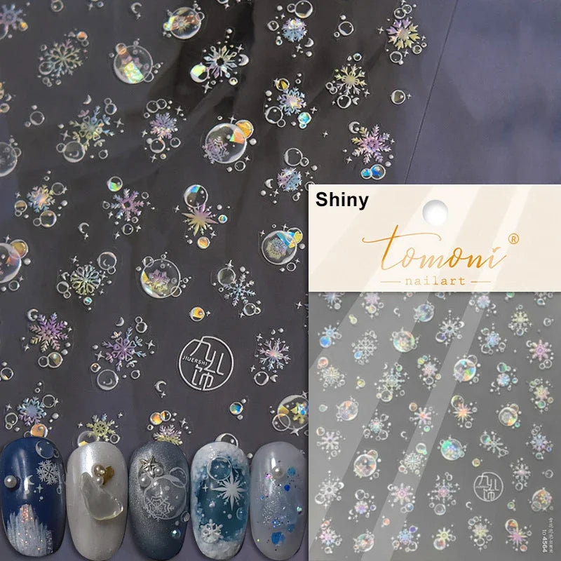 Shiny White Pink Blue Gold Snowflakes Hexagon Water Bubbles Winter 5D Self Adhesive Nail Art Stickers Rhinestone Manicure Decals (ONLINE ORDER ONLY)