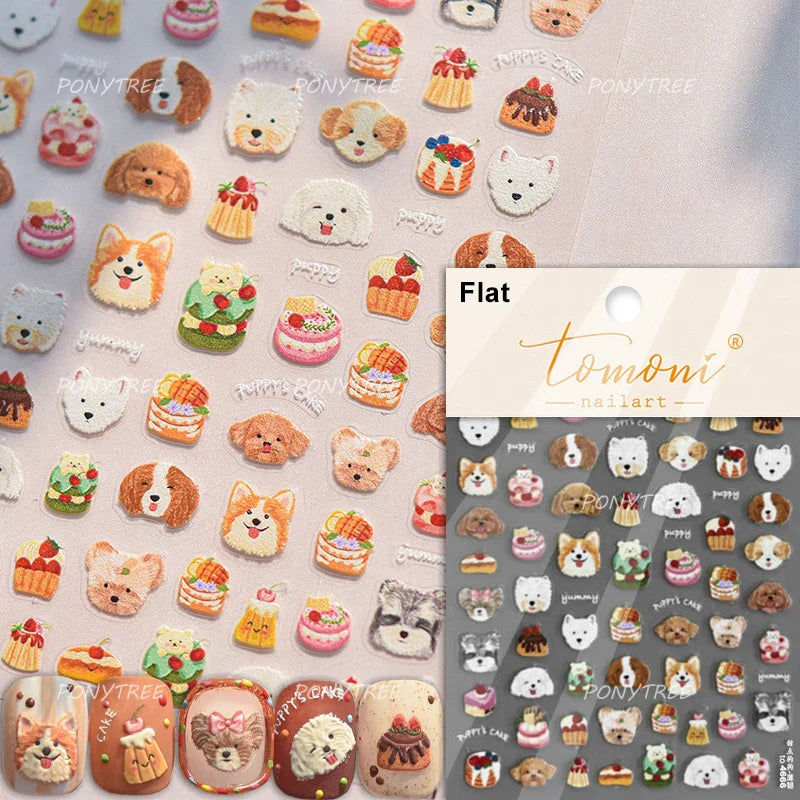 Spring Dog Bear Toy Rose Flower Floral Print Letter Bone Butterfly Cat Puppy Relief Adhesive Nail Art Stickers Manicure Decals (Online Order Only)