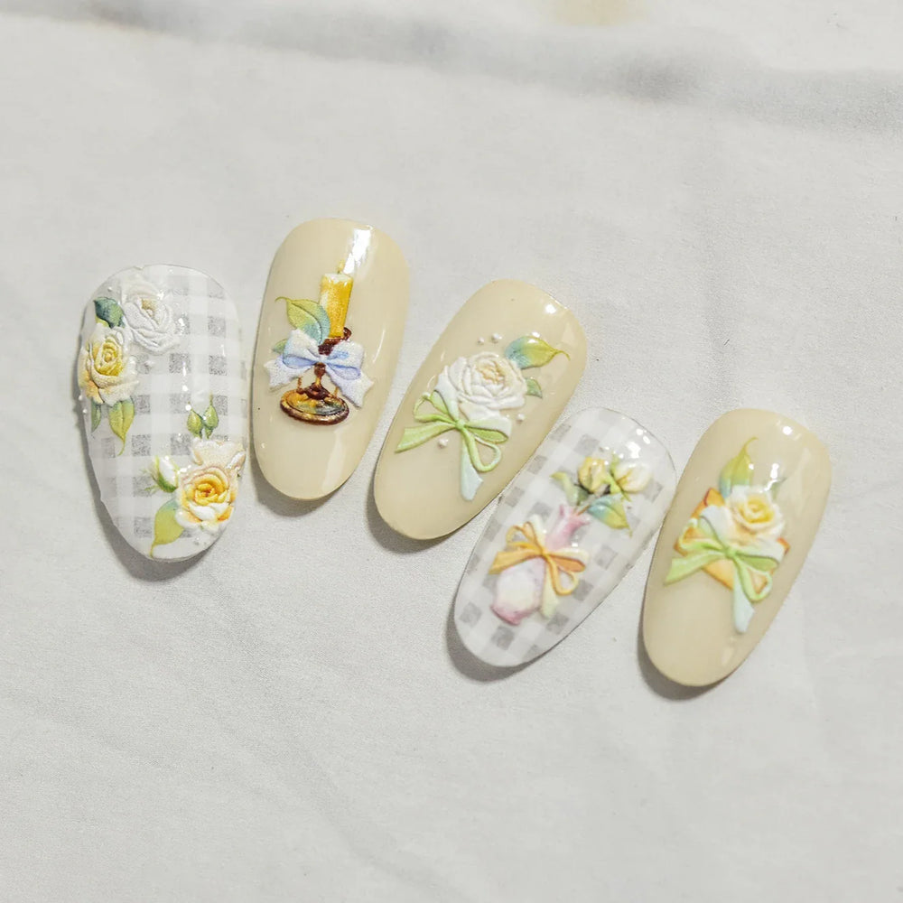 Oil Painting Style Rose Camellia Flower Vase Romantic Candle Holder Bowknot Embossed Adhesive Nail Art Stickers Manicure Decals (ONLINE ORDER ONLY)