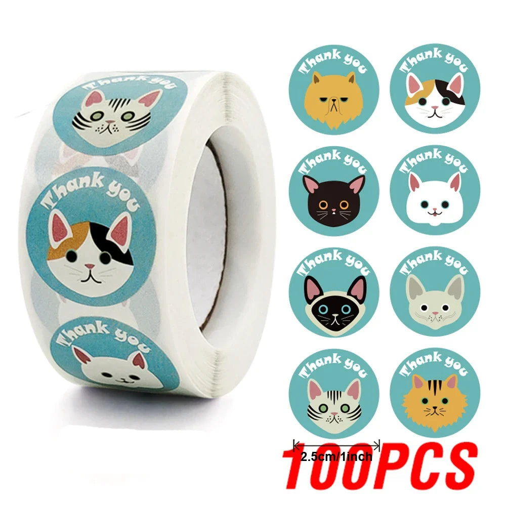 100-500pcs Thank You Cats Stickers For Kids Reward Stickers Thanksgiving Labels Toys 6 Beautiful Designs Stationery stickers (ONLINE ORDER ONLY)
