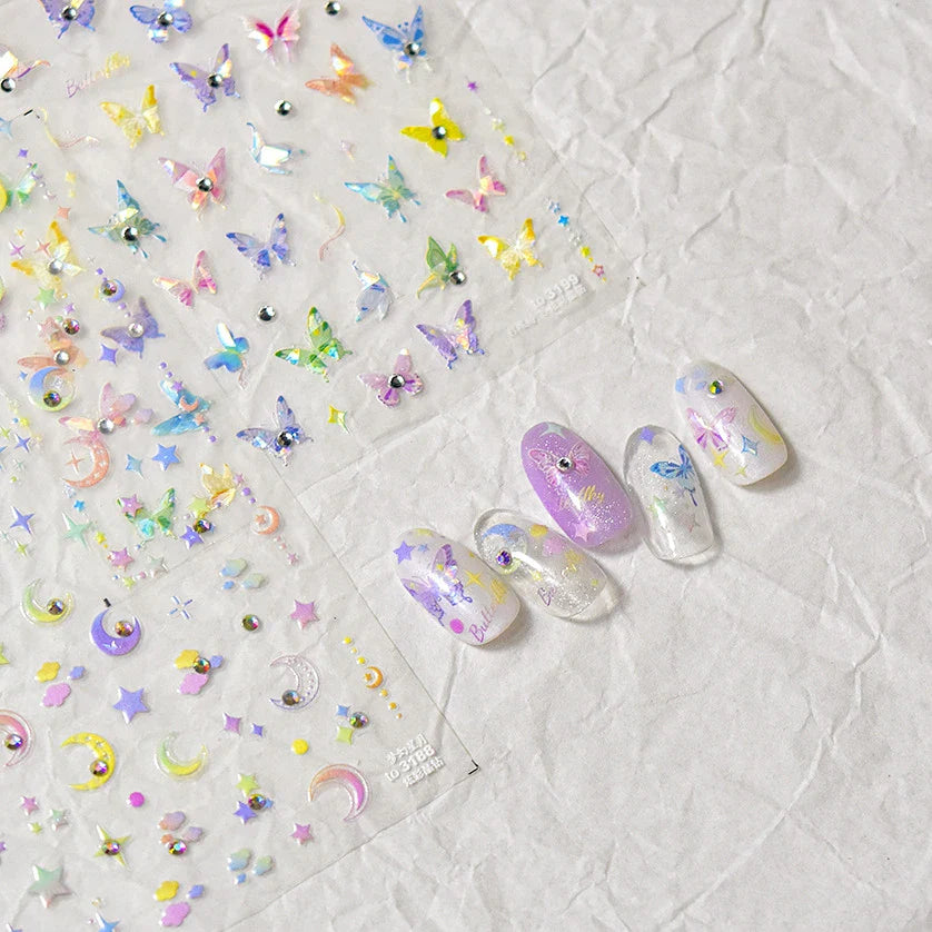 Dreamy Moon Star Cloud Butterfly Starrylight Rhinestone 5D Soft Embossed Relief Nail Art Sticker 3D Decal Decoration Manicure (ONLINE ORDER ONLY)