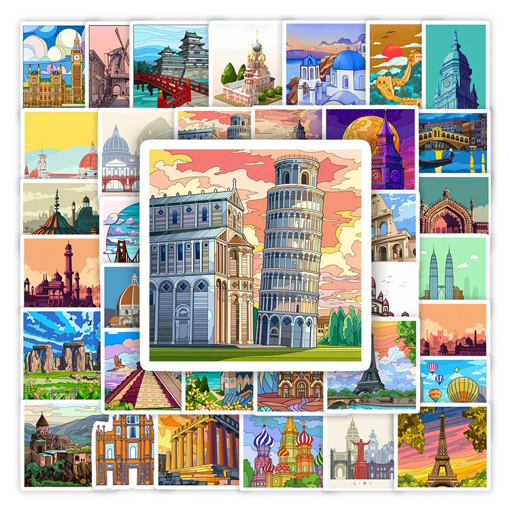 World Travel Landmark Famous Architecture Stickers DIY Toy Gift Decorative Decal for Journal Scrapbook Laptop Luggage Waterproof (ONLINE ORDER ONLY)