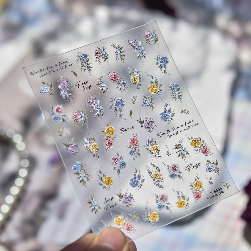 Watercolor Style Colourful Rose Flower Embossment Romantic Garden 5D Self Adhesive Nail Art Decoration Stickers Manicure Decals (ONLINE ORDER ONLY)