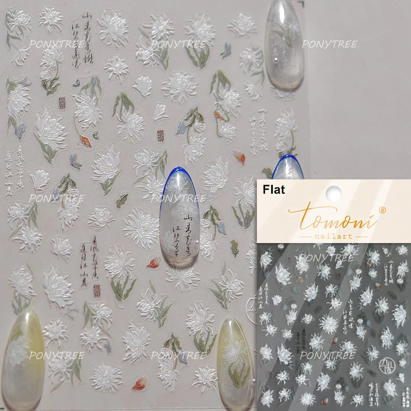 Spring Pink Lily of The Valley Flowers Blooming Blue Bowknot Heart 5D Soft Relief Self Adhesive Nail Art Sticker Manicure Decals (Online Order Only)
