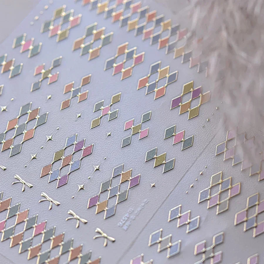 Geometric French Style Colorful Square Grid Rhombus Line Stripe Bowknot 3D Self Adhesive Nail Art Stickers Shiny Manicure Decals (ONLINE ORDER ONLY)