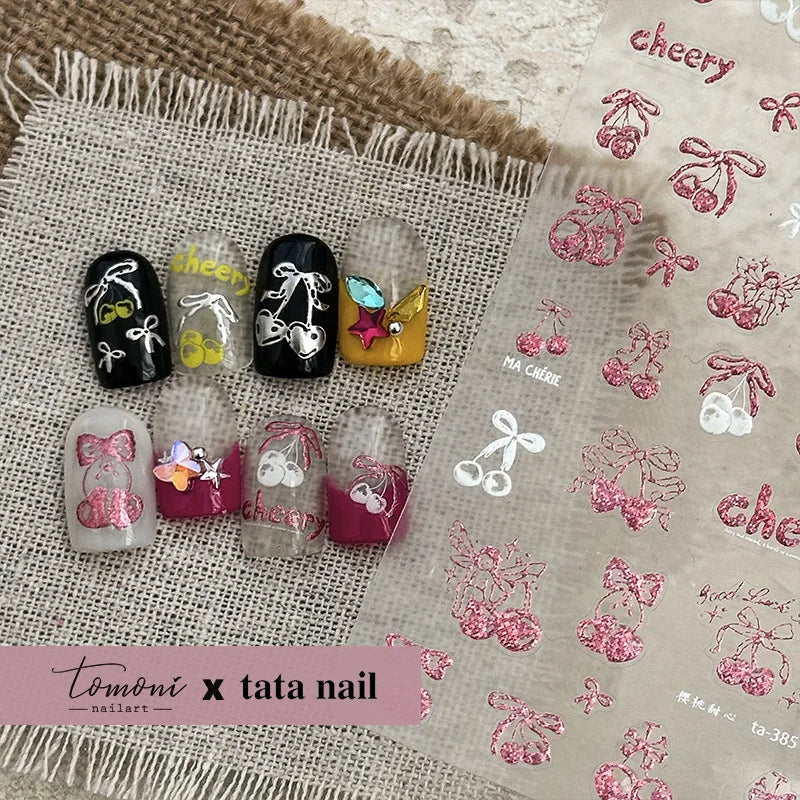 Colourful Cherry Abundant Fruits Bowknot Shiny White Line Outline Self Adhesive Nail Art Stickers Chic Rhinestone Manicure Decal (ONLINE ORDER ONLY)