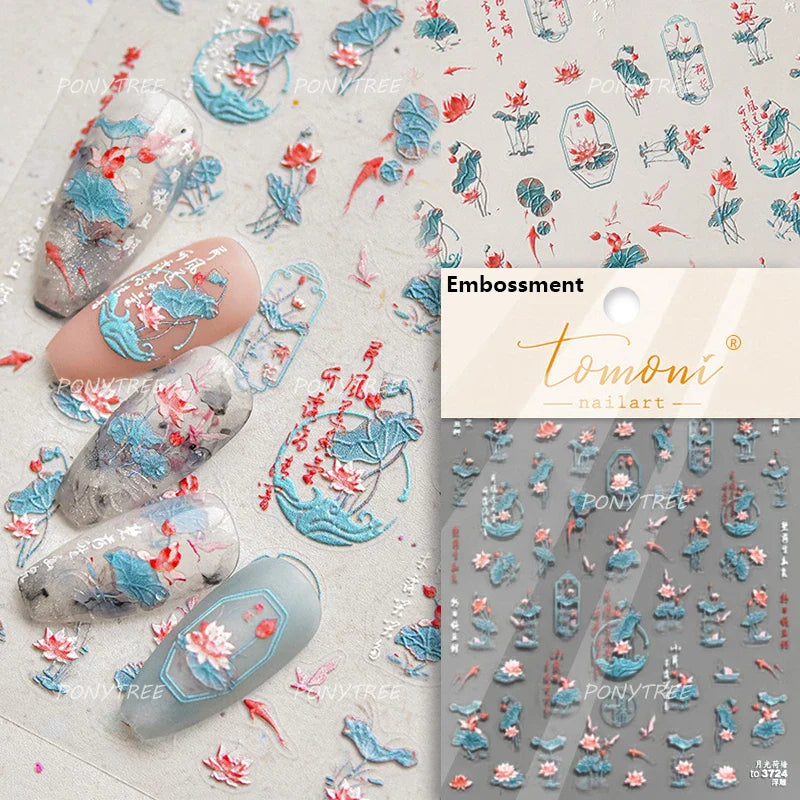 Lotus Flower Leaf Goldfish Ripple Wavelet Water Droplet Lotus Pond Brocaded Carp Self Adhesive Nail Art Stickers Manicure Decals (Online Order Only)