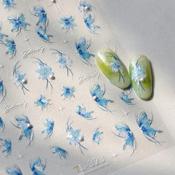 Chic Butterfly Flower Lily Lilium Narcissus Line Beautiful Blue Pearl Self Adhesive Nail Art Stickers Decorations Manicure Decal (Online Order Only)