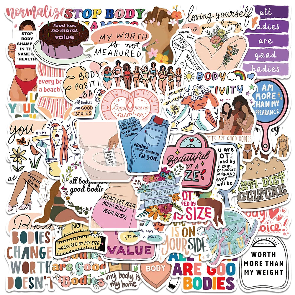 50pcs Funny Cute Cartoon Body Positivity Stickers For Laptop Water Bottle Luggage Notebook Waterproof Graffiti Vinyl Decals (ONLINE ORDER ONLY)