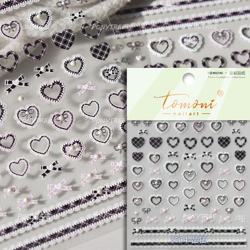 Black Silver Bowknot Love Heart Lace Irregular Line Lava Chic Self Adhesive Nail Art Stickers Embossed Reliefs Manicure Decals (Online Order Only)