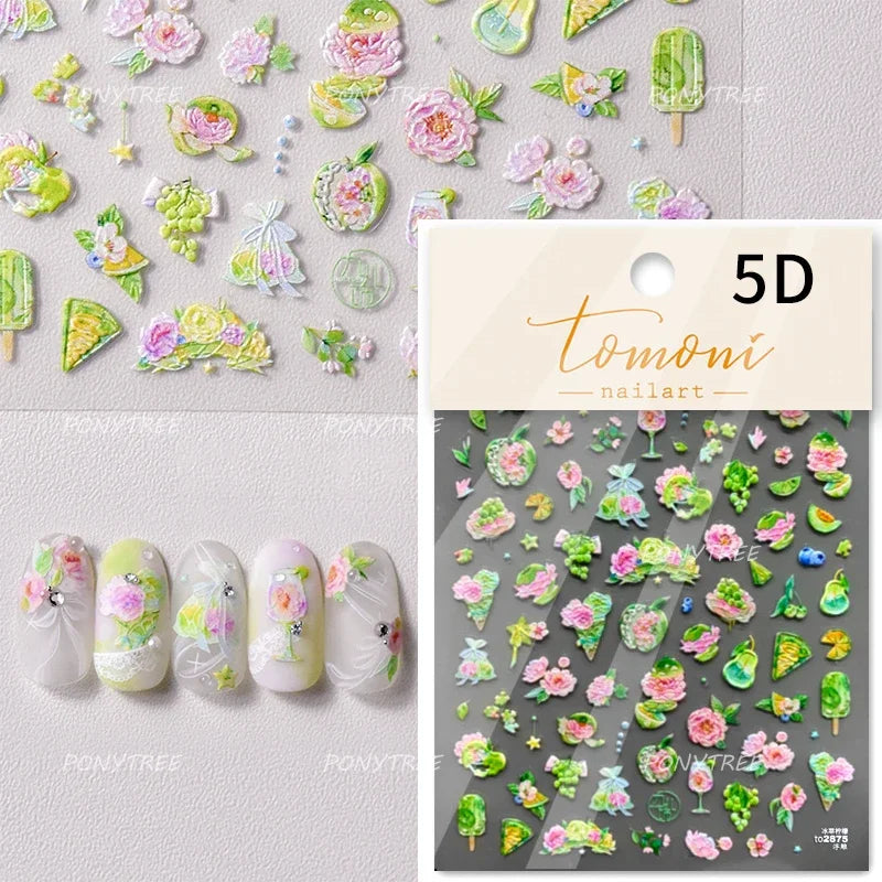 Rose Flower Bouquet Leaves Lace Bowknot Pearl Photo Frame Gird Embossed Reliefs Self Adhesive Nail Art Stickers Manicure Decals (ONLINE ORDER ONLY)