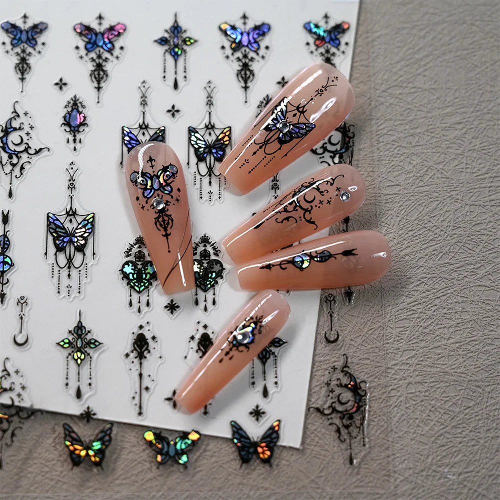 1pcs Butterfly Floral Nail Art Stickers Magic Shell Light Laser Black/White Nail Decoration Butterfly Slider Manicure Ornaments* (Online Order Only)