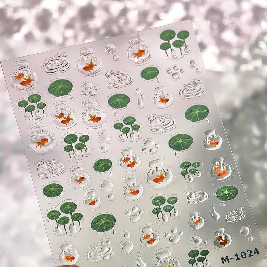 Lotus Flower Leaf Goldfish Ripple Wavelet Water Droplet Lotus Pond Brocaded Carp Self Adhesive Nail Art Stickers Manicure Decals (Online Order Only)