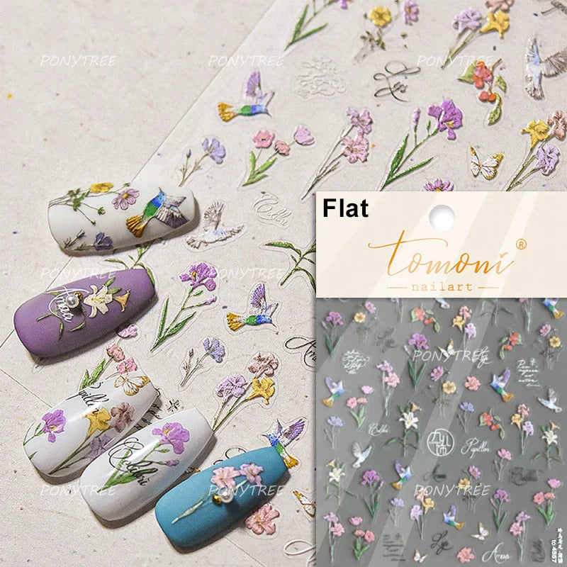 Spring Living Peach Blossom Flower Branch Petal Antique Soft Relief Adhesive Chinese Characters Nail Art Sticker Manicure Decals (ONLINE ORDER ONLY)