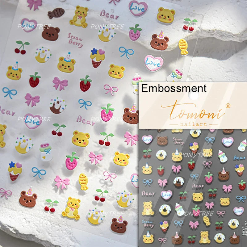 Toast Butter Brioche Bread Dim Sum Cookie Cherry Pudding Food Fork Doughnut Relief Adhesive Nail Art Stickers Manicure Decals (ONLINE ORDER ONLY)