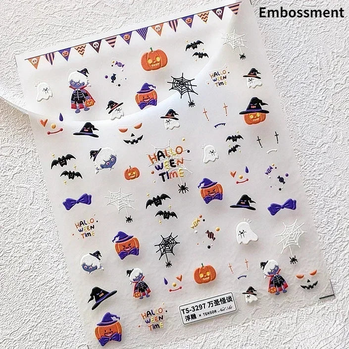 Cat Eye Halloween Terror Spider Cross Rose Love Heart Flower Snake Web Candy Bunny Thrilling Nail Art Stickers Manicure Decals (Online Order Only)