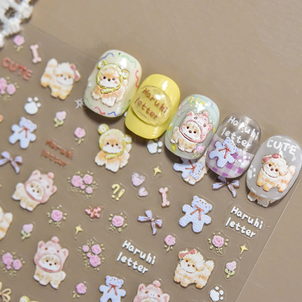 Spring Dog Bear Toy Rose Flower Floral Print Letter Bone Butterfly Cat Puppy Relief Adhesive Nail Art Stickers Manicure Decals (Online Order Only)