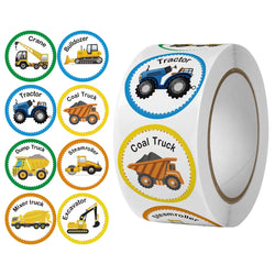 100-500Pcs 1inch Cartoon Car Aircraft Excavator Stickers Children's Toys Reward Learning English Label Stationery Gift Sticker (Online Order Only)