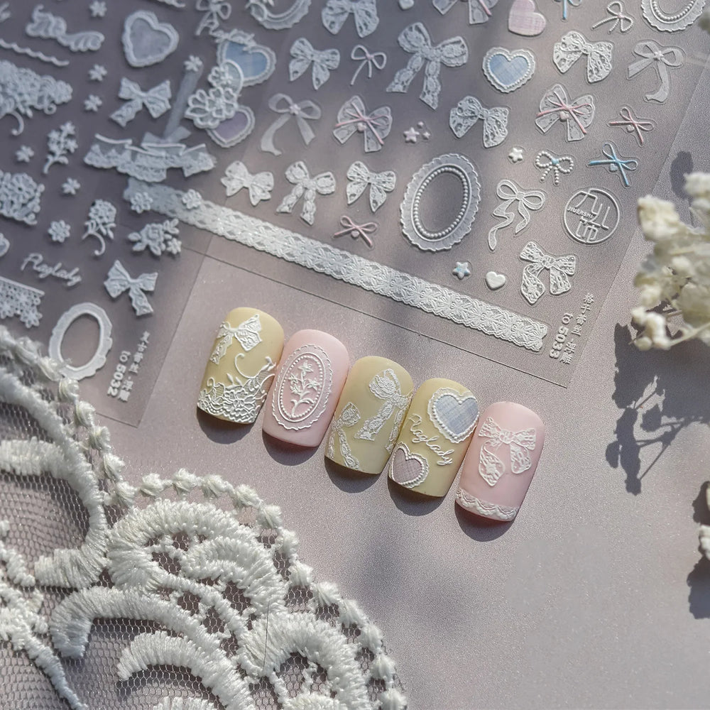 Retro Lace Gird Bowknot Love Heart Flower Leaves Fabric Art Photo Frame Embossed Self Adhesive Nail Art Stickers Manicure Decals (ONLINE ORDER ONLY)