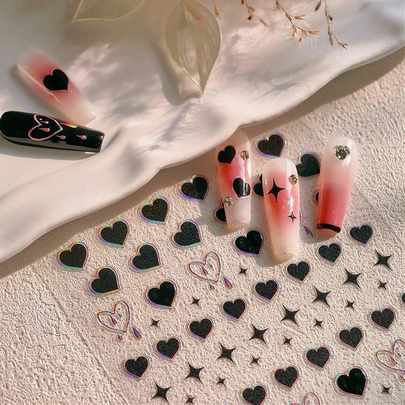 Black Punk Star Heart Laser Stroke Dark Wind Sexy Water Droplet Delicate Adhesive Nail Art Decorations Stickers Manicure Decals (ONLINE ORDER ONLY)