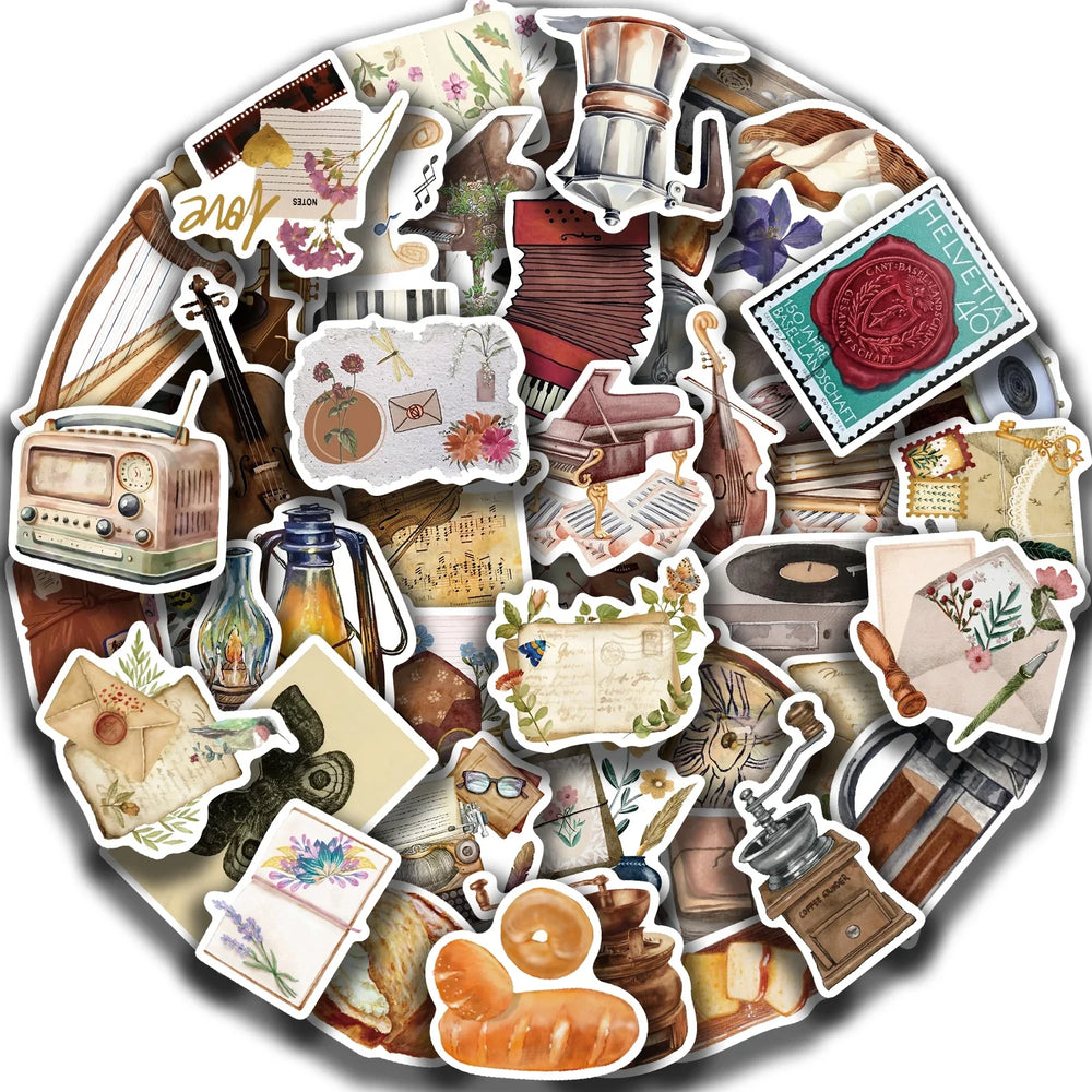 50pcs Time Secret Love Retro Notebook Sticker Aesthetics Cartoon Decals Waterproof Stickers Pack Party Decoration Gift Toys (ONLINE ORDER ONLY)