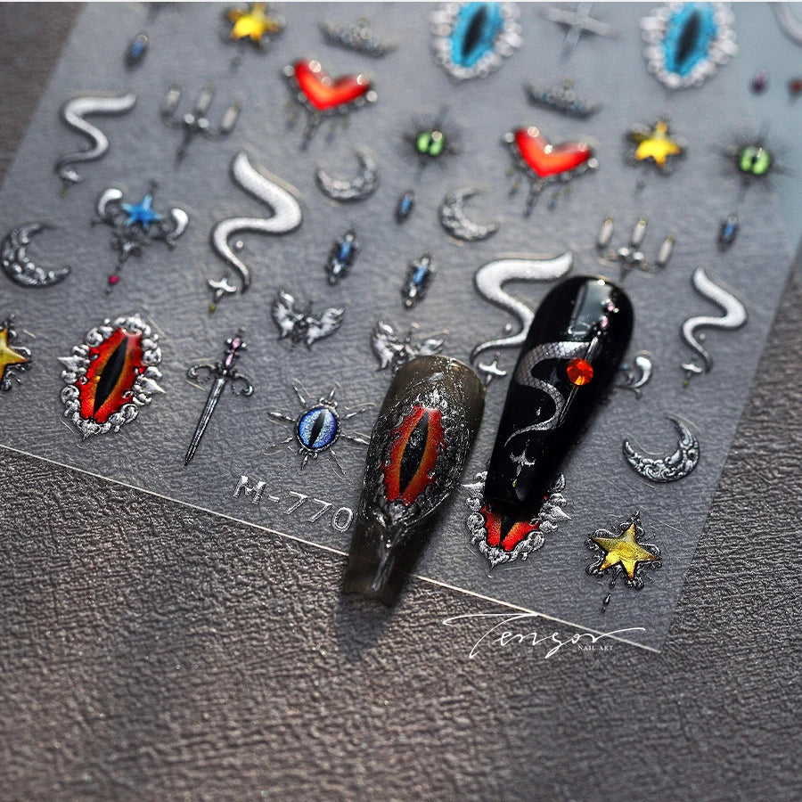 Glitter Star Snake Moon Darkness Eye Love Heart Crown Sword Self Adhesive Nail Art Stickers Punk Jelly Angel Wing Manicure Decal (ONLINE ORDER ONLY)