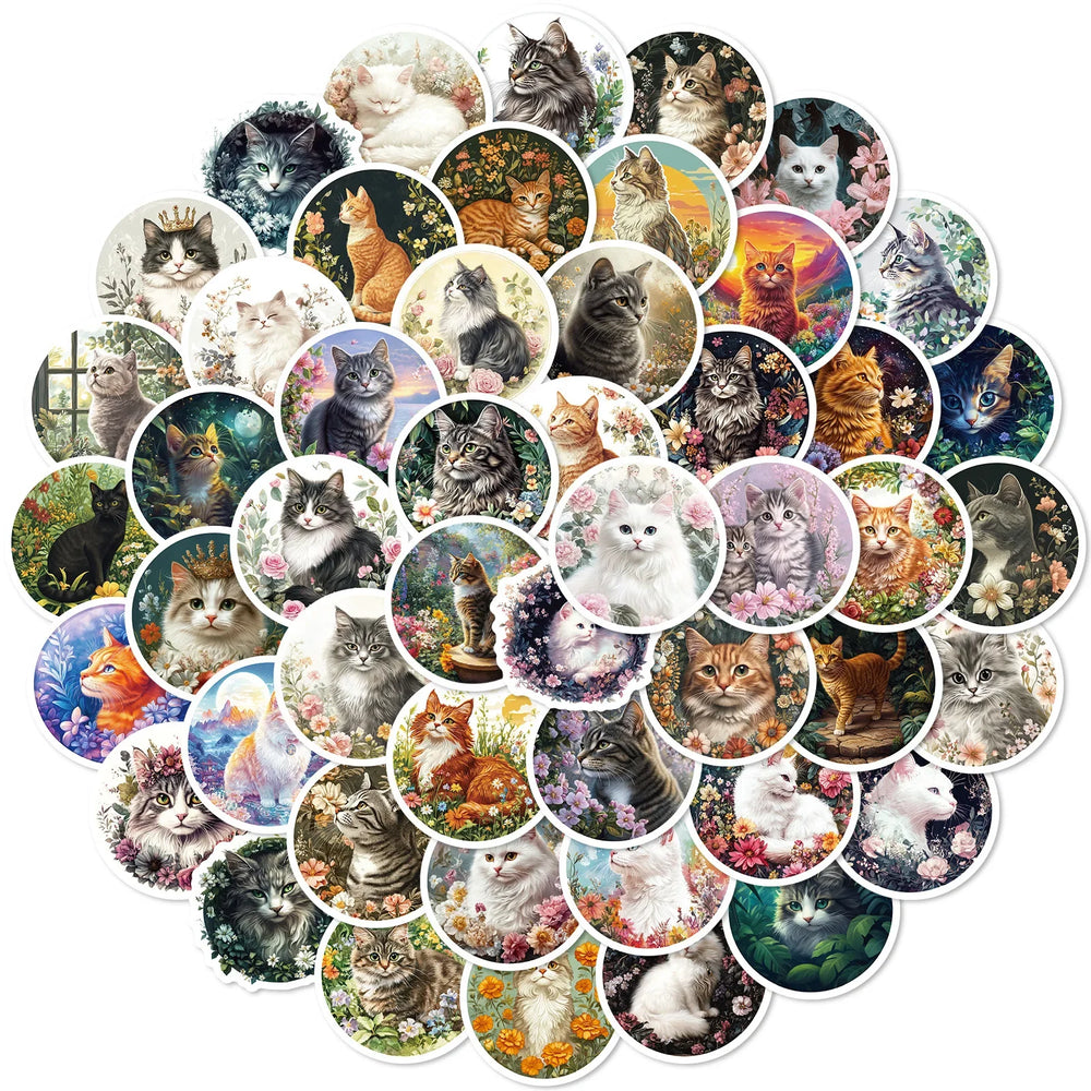10/30/50PCS Retro Style Stickers Cat Graffiti Sticker Hand Painted Animal Flower Decoration Laptop Phone Guitar Car Bike Decals (ONLINE ORDER ONLY)