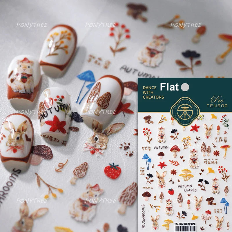 Squirrel Mushroom Apple Strawberry Cherry Pinecone Ginkgo Leaf Self Adhesive Nail Art Stickers Butterfly Flower Manicure Decals (ONLINE ORDER ONLY)