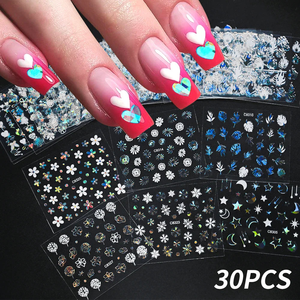 30Pcs Laser Silver/White Flowers Hearts Nail Sticker Star/Moon Mixed Shapes Design Self-adhesive Sticker Acrylic Manicure Access (Online Order Only)