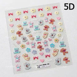 Cute Bear Teddy Birthday Party Maillard Bear Cake Flower Bouquet Lucky Love Heart 5D Adhesive Nail Art Sticker Manicure Decals (Online Order Only)