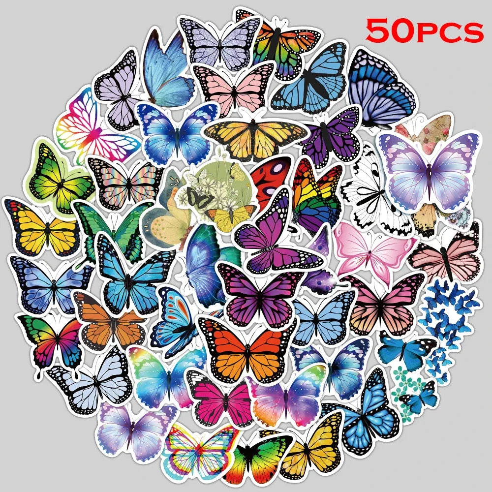 50pcs Waterproof PVC Flower Butterfly Stickers for DIY, Bicycle, Luggage, Skateboard (Online Order Only)