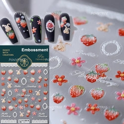 Cute Pink Tempting Strawberries Attractive Fruit Cutting Line Bowknot Star Silver Stamping Chic Nail Art Stickers Manicure Decal (ONLINE ORDER ONLY)