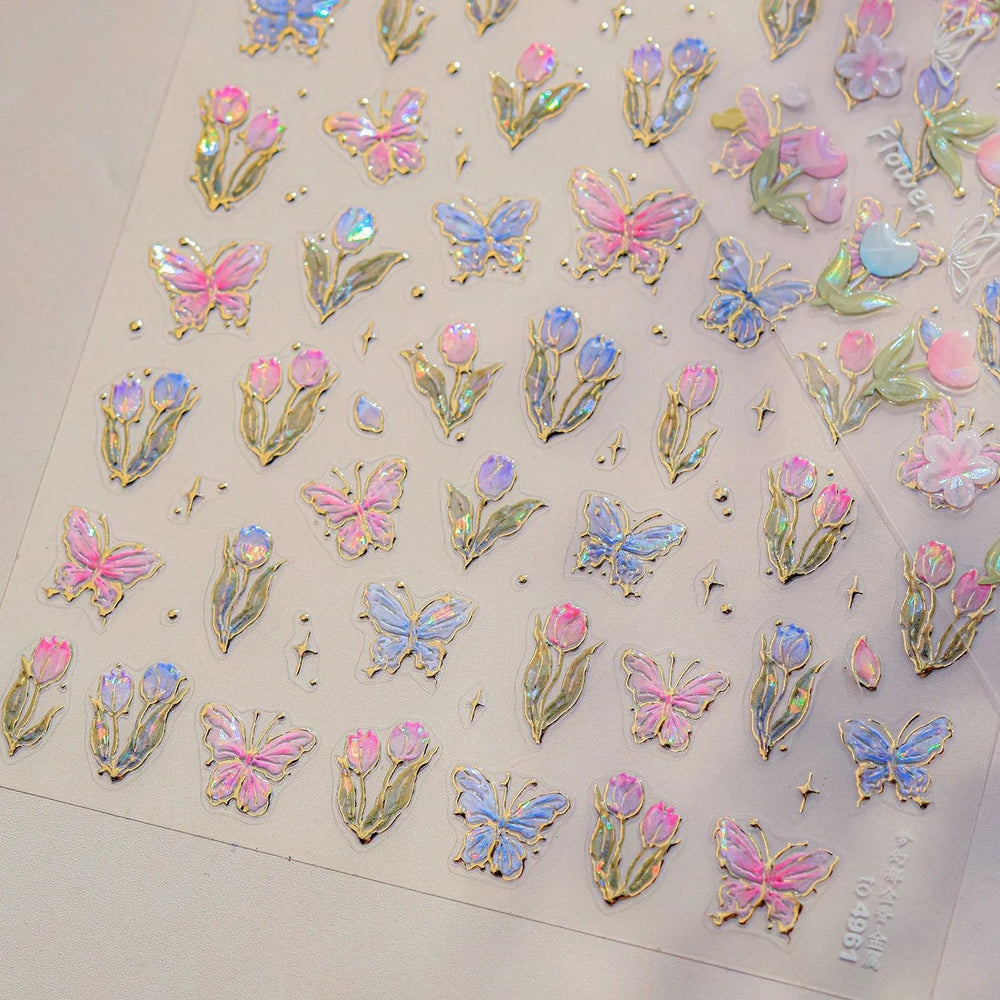 Delicate Dreamy Petal Star Tulip Flower Purple Bowknot Butterfly Illusion Chic Relief Adhesive Nail Art Stickers Manicure Decals (Online Order Only)
