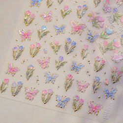 Delicate Dreamy Petal Star Tulip Flower Purple Bowknot Butterfly Illusion Chic Relief Adhesive Nail Art Stickers Manicure Decals (Online Order Only)