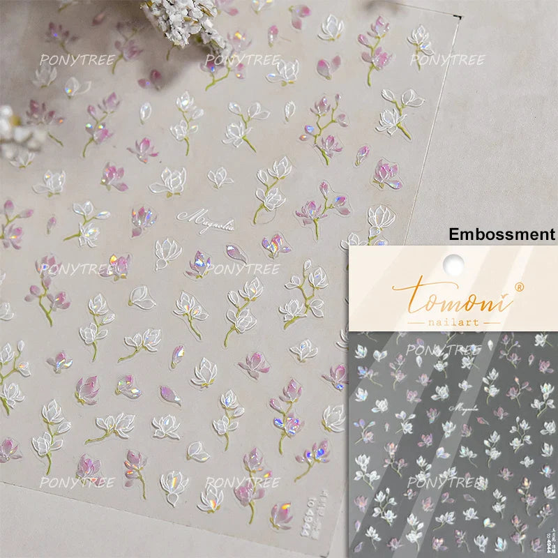 White Flower Colourful Butterfly Pearl Petal Beautiful Garden Charming Plant 5D Self Adhesive Nail Art Stickers Manicure Decals (ONLINE ORDER ONLY)
