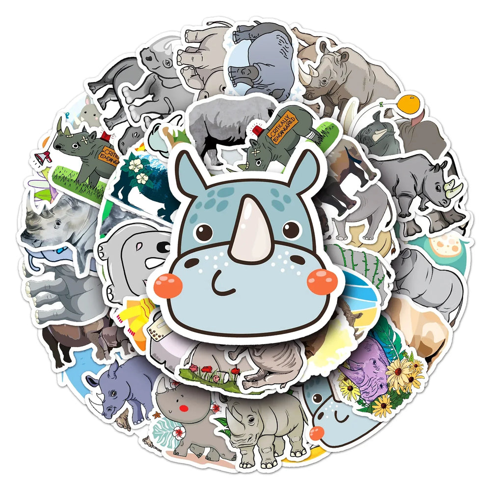 50Pcs Rhino Cartoon Waterproof Vinyl Stickers for Skateboard Snowboard (Online Order Only)