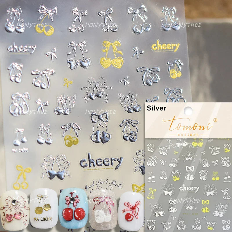 Lovely Pink Red Cherry Fruit Love Heart Star Lucky Letter Bowknot Romantic Adhesive Nail Art Stickers Rhinestone Manicure Decals (Online Order Only)