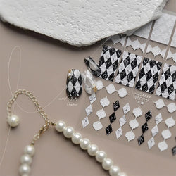 French Style Geometric Black White Square Grid Rhombus Stripe 3D Self Adhesive Nail Art Stickers Shiny Rhinestone Manicure Decal (ONLINE ORDER ONLY)