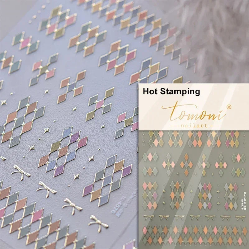 Geometric French Style Colorful Square Grid Rhombus Line Stripe Bowknot 3D Self Adhesive Nail Art Stickers Shiny Manicure Decals (ONLINE ORDER ONLY)