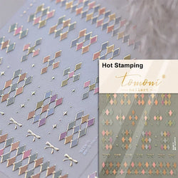 Geometric French Style Colorful Square Grid Rhombus Line Stripe Bowknot 3D Self Adhesive Nail Art Stickers Shiny Manicure Decals (ONLINE ORDER ONLY)
