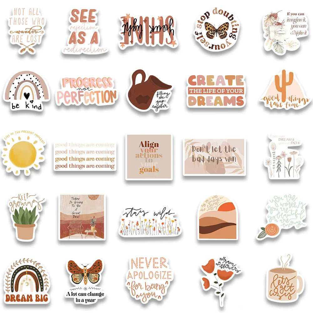 10/30/50pcs Cute Bohemia Motivational Phrases Stickers Inspirational Quotes Decals Laptop Fridge Suitcase Car Sticker Kids Toy (ONLINE ORDER ONLY)