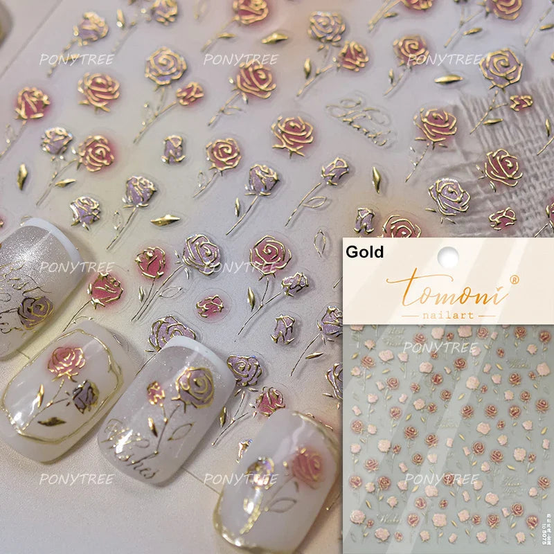 Watercolor Style Colourful Rose Flower Embossment Romantic Garden 5D Self Adhesive Nail Art Decoration Stickers Manicure Decals (ONLINE ORDER ONLY)