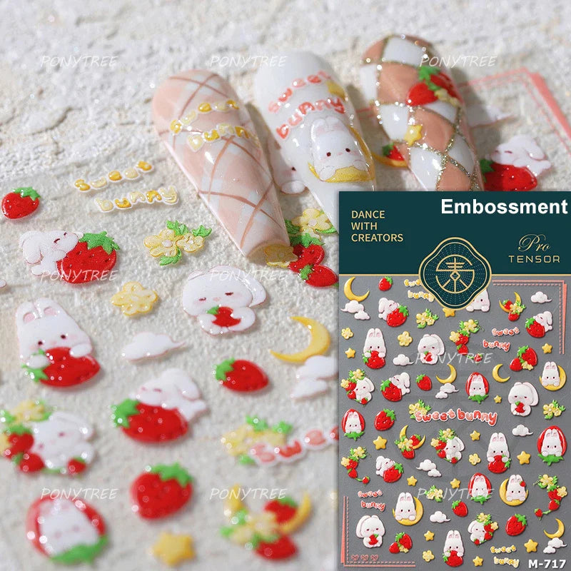 Cute Pink Tempting Strawberries Attractive Fruit Cutting Line Bowknot Star Silver Stamping Chic Nail Art Stickers Manicure Decal (ONLINE ORDER ONLY)