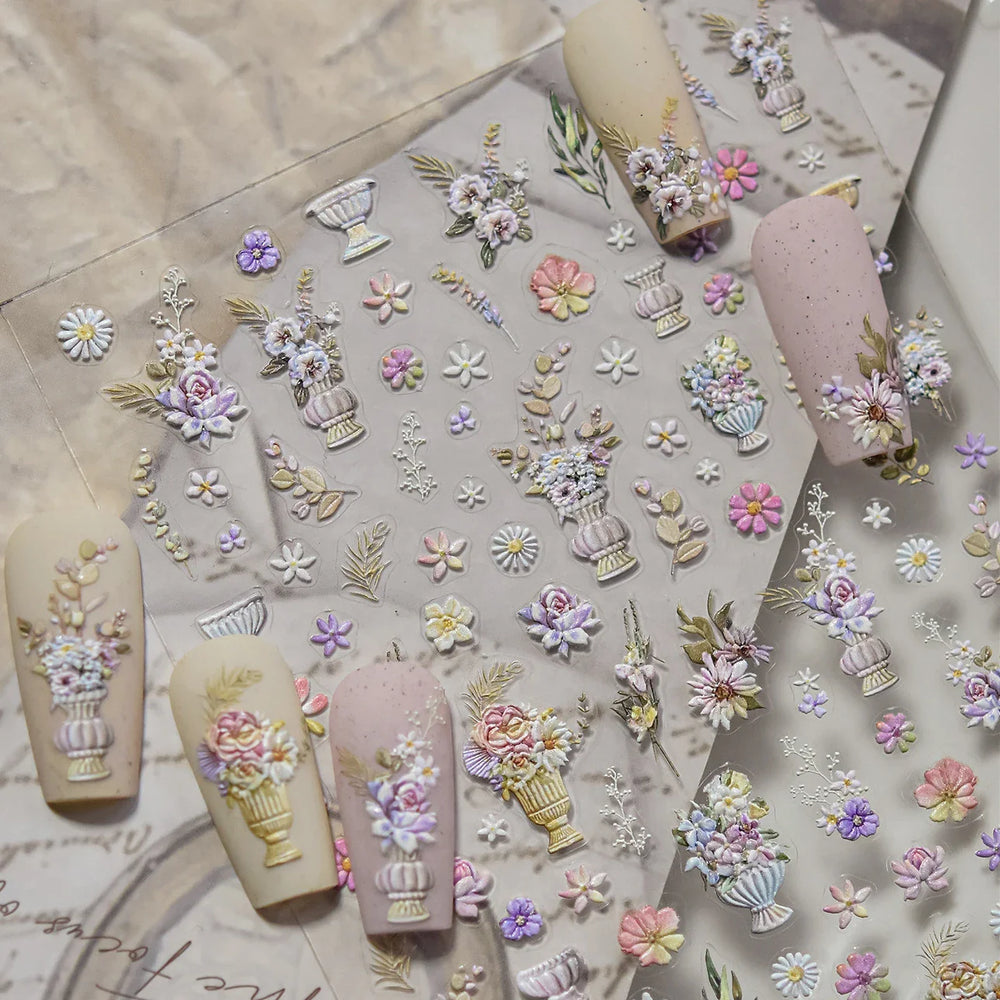 European Garden Angel Wing White Rose Flower Bed Vase Lace Bowknot Statue Adhesive Nail Art Decoration Sticker Manicure Decals (ONLINE ORDER ONLY)