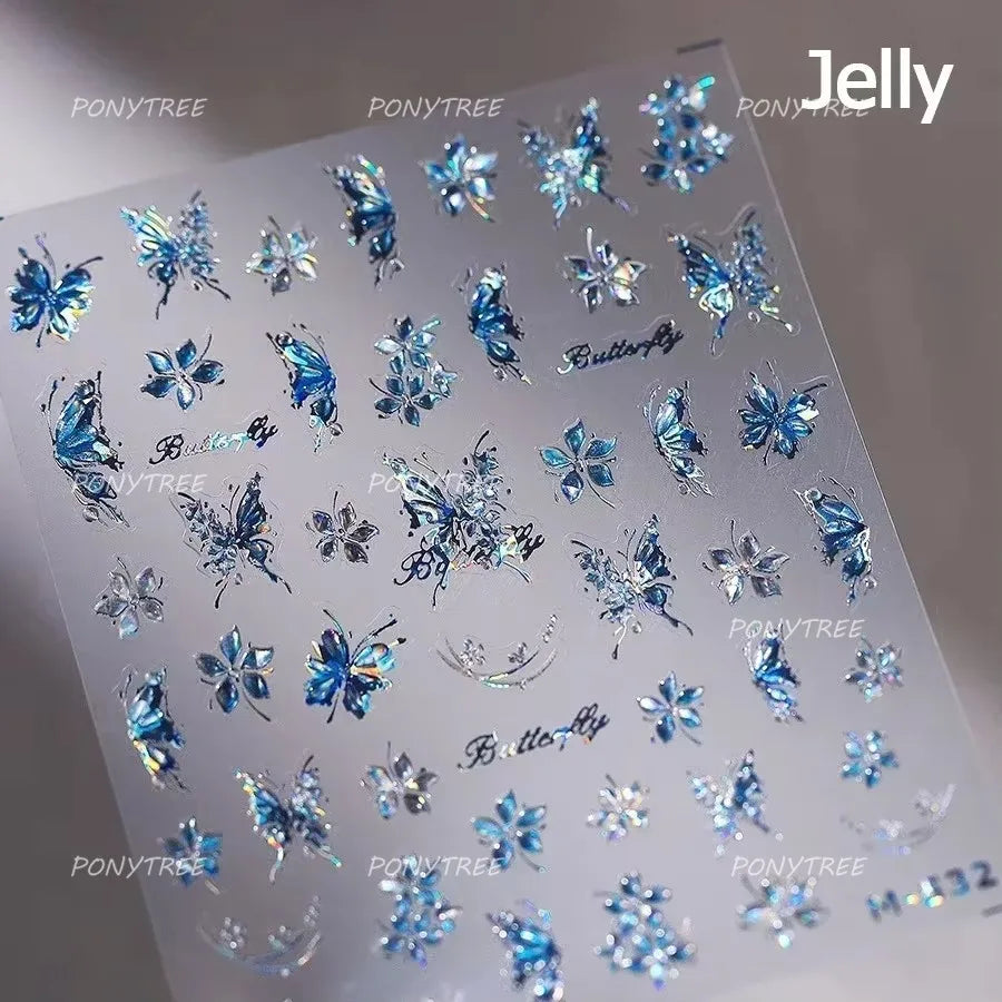 French Chic Blue Line Bowknot Fan Flower Leaves Butterfly Lace Frame Bell Shiny Self Adhesive Nail Art Stickers Manicure Decals (ONLINE ORDER ONLY)