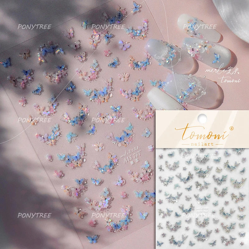 Blue Purple Tulip Flower Butterfly Garden Blossom Floral Charming Delicate 5D Relief Adhesive Nail Art Stickers Manicure Decals (ONLINE ORDER ONLY)