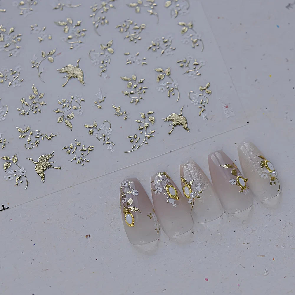 Dried Flowers Rose Butterfly Love Heart Golden Stroke Flying Crane Silver Adhesive Nail Art Stickers Rhinestone Manicure Decals (ONLINE ORDER ONLY)